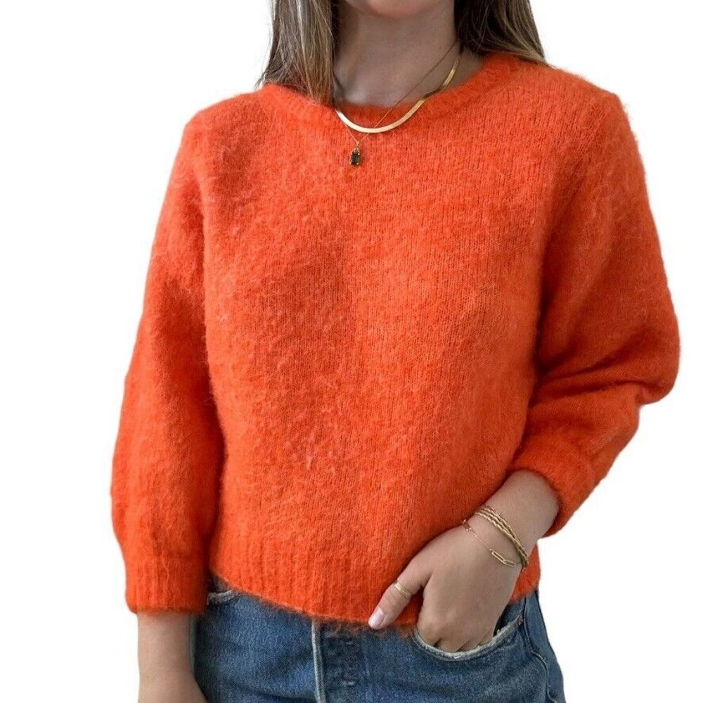 American Vintage Womens Neon Orange Fluffy Alpaca Blend Cropped Sweater Sz S - Picture 5 of 9